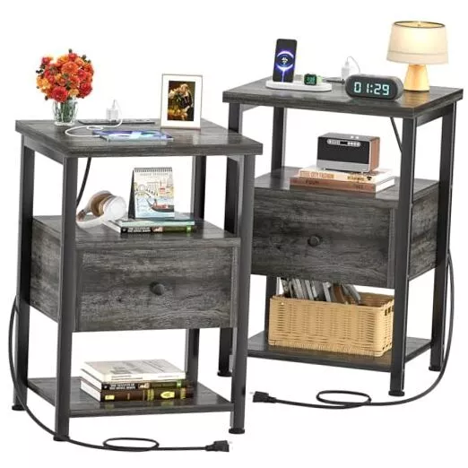 Nightstands Set of 2, Small Night Stand Grey Nightstand with Charging Station