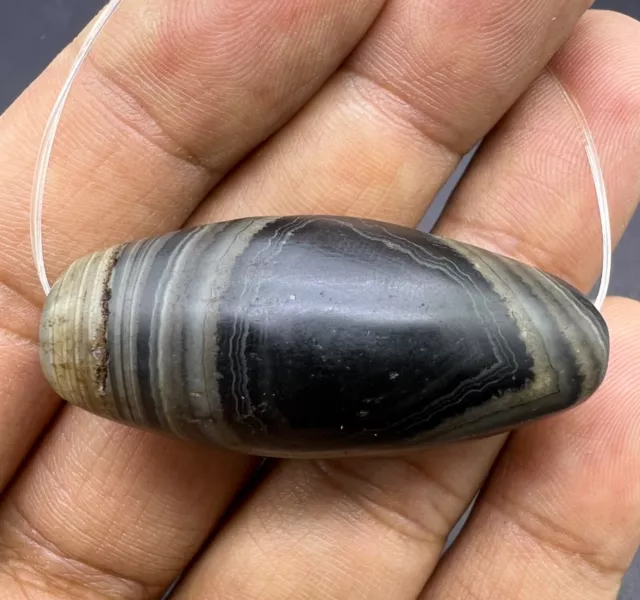 Rare Ancient Old Natural Sulaymaniyah Black Agate One Eye Bead from Central Asia