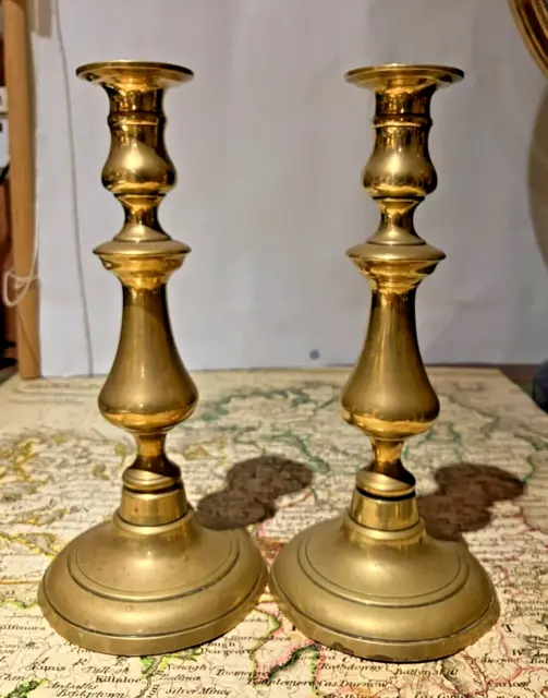Antique Pair of Late Georgian, Early 19th Century Brass Candlesticks Round Bases