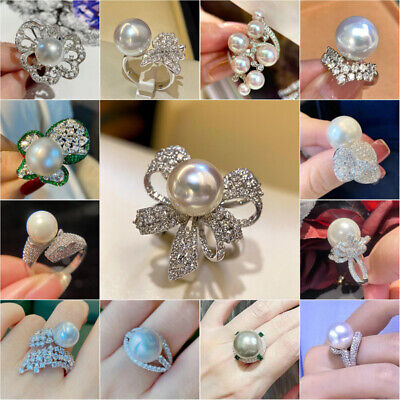 Elegant Women Pearl Jewelry 925 Silver Cubic Zirconia Rings Wedding Party Gifts