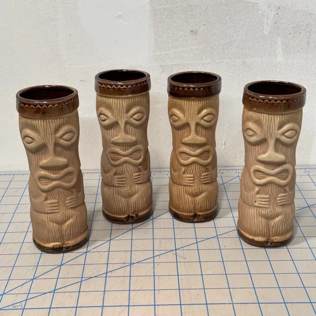 4x Vtg. Tiki Drink Glasses Hawaiian Paul Marshall Peanut Glaze Ceramic Mugs PMP