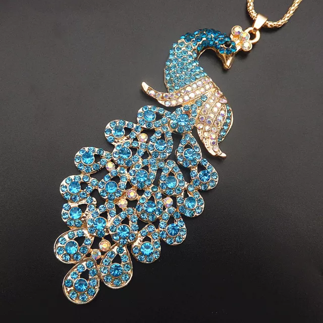 Betsey Johnson Light Blue Crystal Rhinestone Peacock Pendant Sweater Necklace