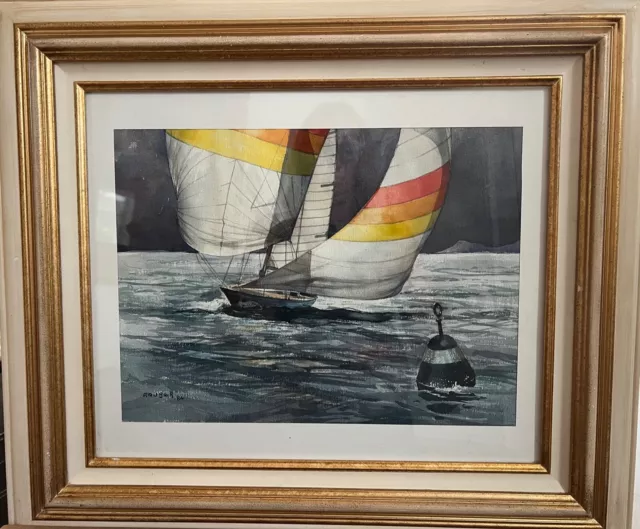 Peinture aquarelle maritime Le Voilier près de la balise signé Rauber bateau 2