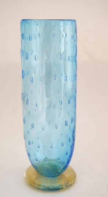 Murano Art Glass Vase Aqua Blue Controlled Bubbles & Pedestal w/Gold Inclusions