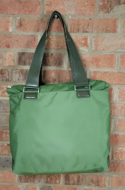 TUMI Green Tote Bag Nylon W Leather Trim Fuschia Lining