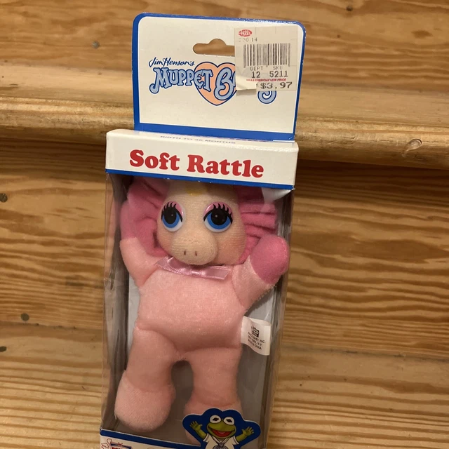 Vintage Muppet Babies Miss Piggy Rattle Plush Stuffed Remco Baby Toy Pink 7" 2