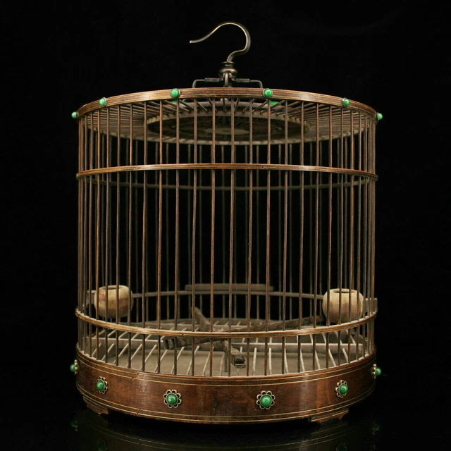 12.4" Old Chinese Huanghuali Wood Inlay Gem Dynasty birdcage bird cage Wall Hang