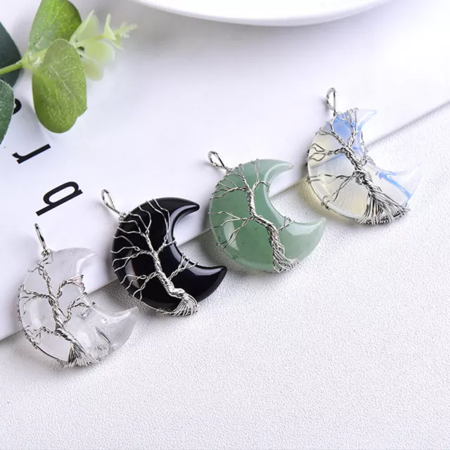 Natural Healing Crystal Quartz Wire Wrap Tree Of Life Crescent Moon Gem Pendant 2