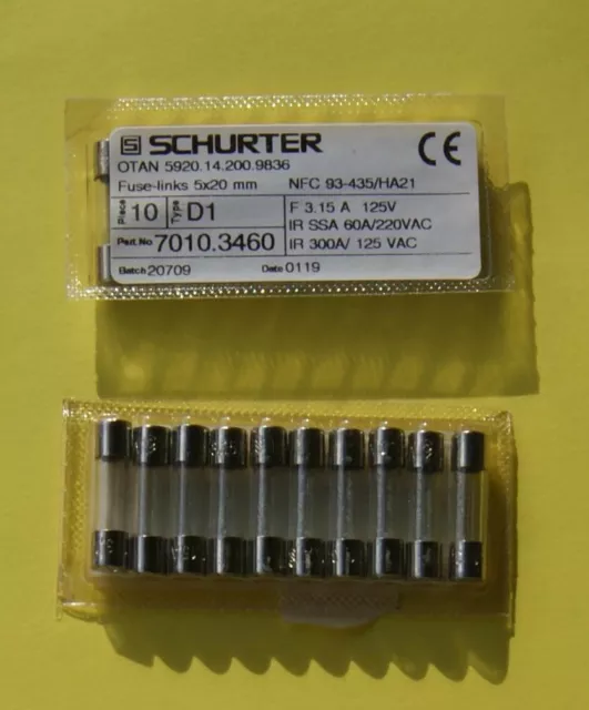 10 Fusibles à cartouche D1 3,15A 125V 5X20 Quick Acting schurter 7010.3460