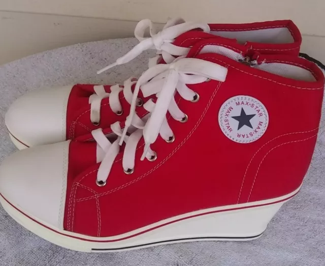 YUFU Max Star Women's Red High Top Platform Wedge Sneakers Zip Up Laces Size:8.5