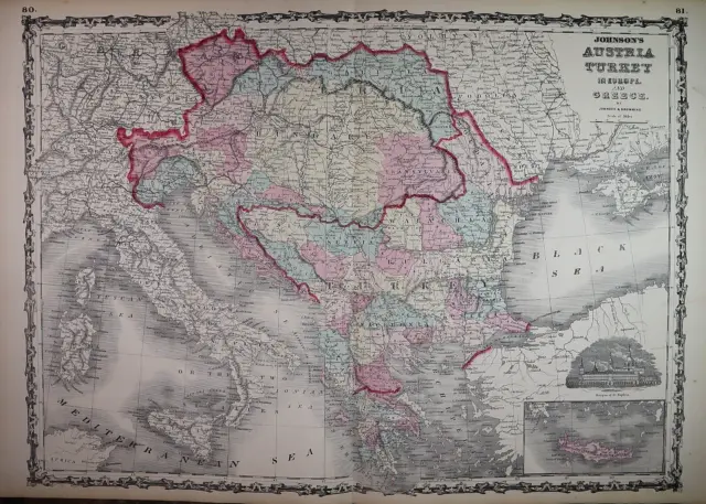 Antique 1862 Johnson Atlas Map ~ AUSTRIA - GREECE ~ (XLG18x26) Free S&H -#1415