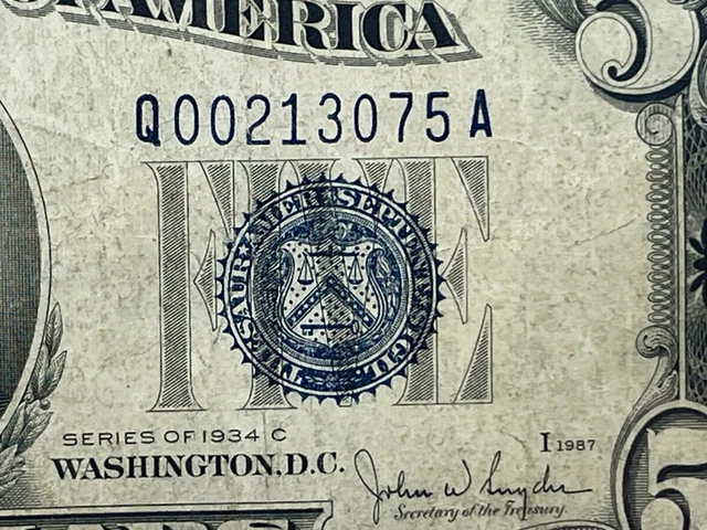 Series 1934 C Silver Certificate Five Dollar Q00213075A Boston Blue Seal