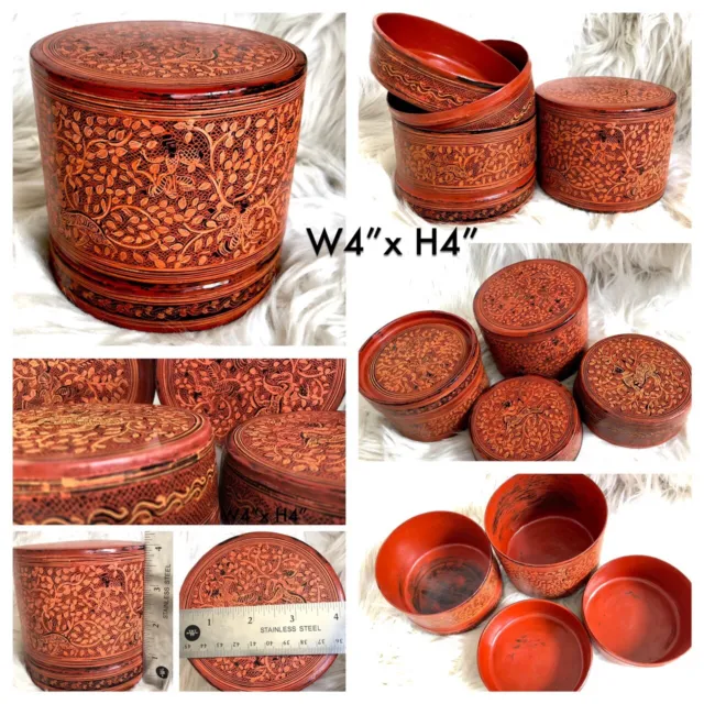 4x4" Asian Antique Burmese betel nut box, Kun it, Burma lacquerware