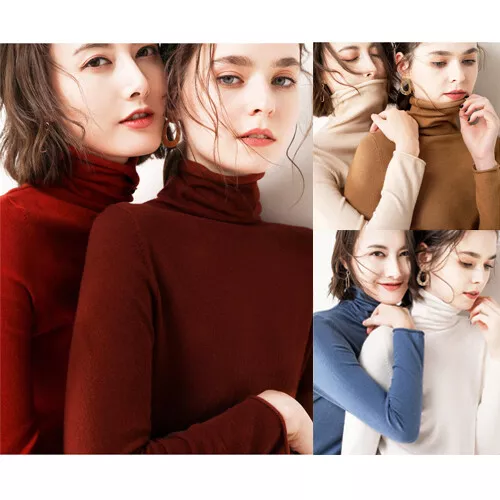 Women Jumper Tops Winter Soft Pullover Warm Turtleneck High Neck Sweater Solid