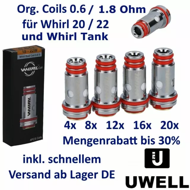 4x 8x 12x 16x 20x Org. UWELL Whirl 20 22 Coils 0,6 Ohm 0.6 oder 1,8 1.8 Ohm AUTH