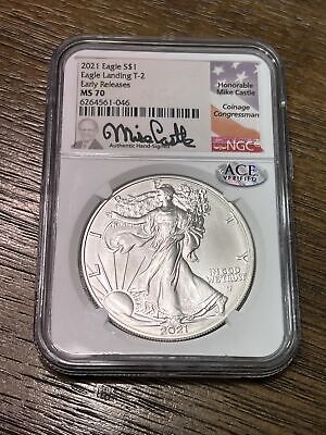 2021 Silver Eagle T2, NGC MS 70 Early Release, Signed Mike Castle T-2