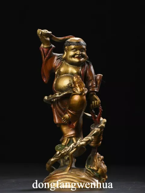 6" China Folk Bronze Gilt Liu hai Play Golden Toad Spittor Wealth Money Statue