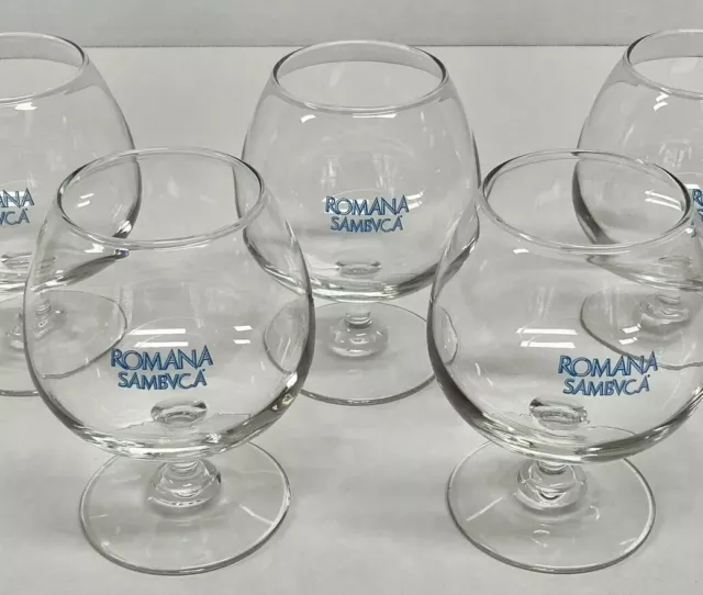 Romana Sambuca Glasses Set Of 5 Rare Promotional 4.75” Clear Snifter Sambvca