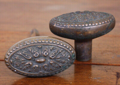Pair Vtg Antique Door Knobs Handle Set Oval Ornate Architectural Salvage Shabby