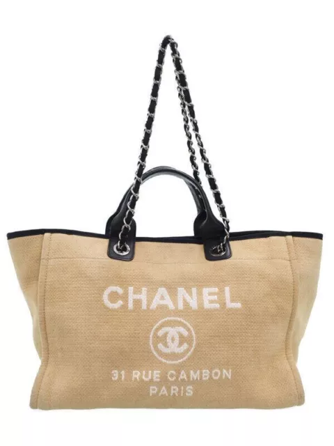 AUTHENTIC CHANEL DEAUVILLE Medium Chain Tote Bag Coco Logo Shoulder Canvas  Beige $1,234.00 - PicClick