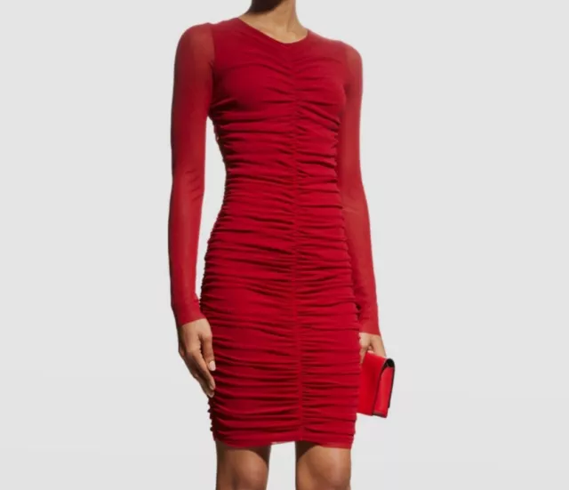 $496 Fuzzi Women's Red Ruched Bodycon Tulle Dress Size XL