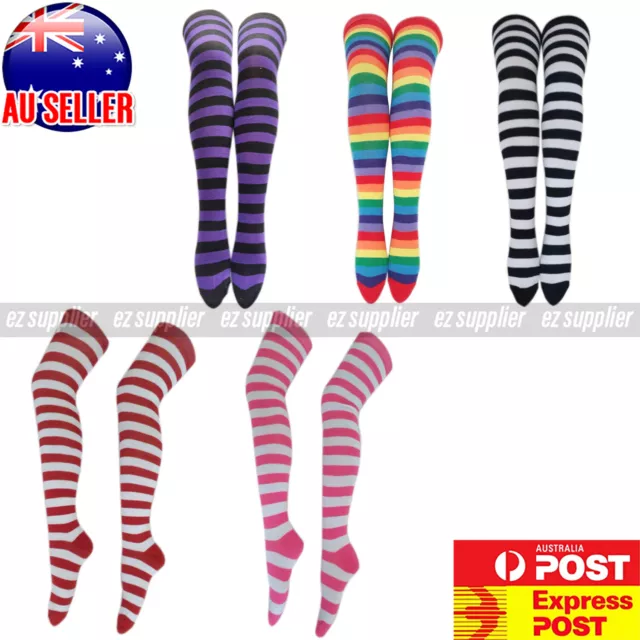 Over The Knee High Socks Striped Ladies Girls Women Cheerleader Pair Stripe HOT