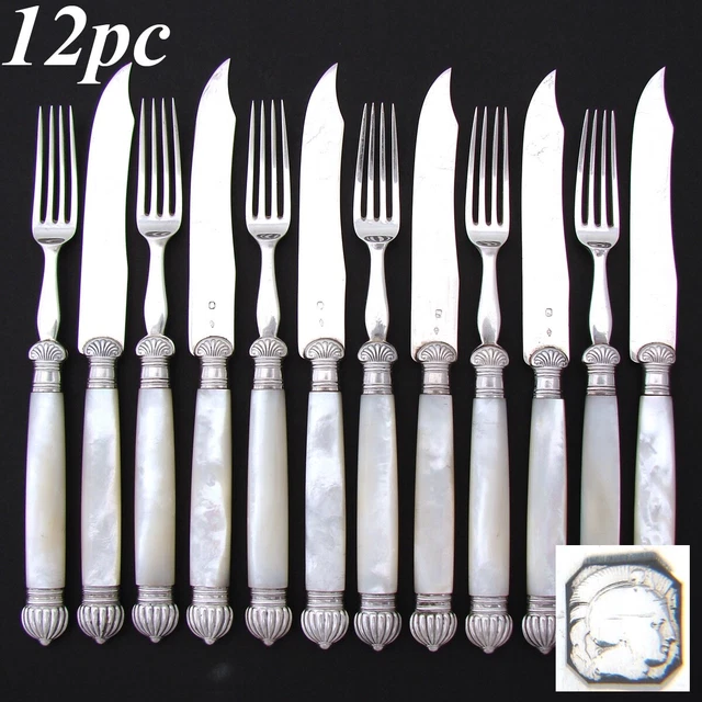 Antique French Sterling Silver & Pearl 12pc Fruit or Dessert Knife & Fork Set