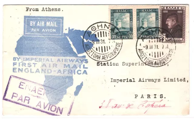 GREECE Air Mail Cover FIRST FLIGHT Imperial Airways FRANCE Athens 1931 MA496