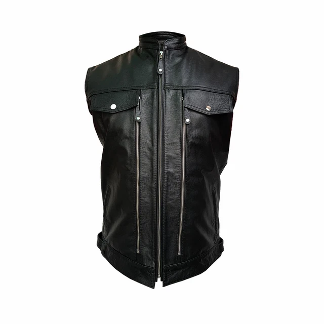 Da Uomo Vero Mucca Pelle Nero Motociclista Stile Gilet