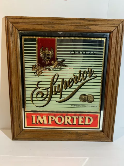 Vintage Cerveza Superior Mirrored Mexican Beer Sign. Framed Wood Mirror.