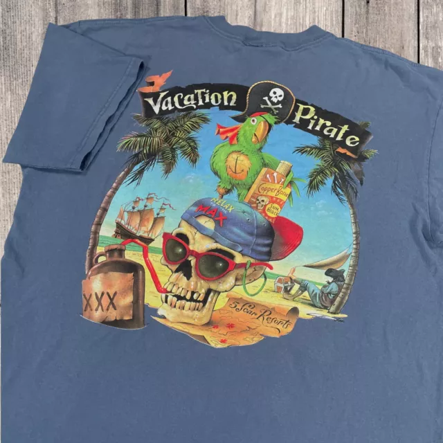 Vintage 90s Disney T Shirt 2XL Mens Blue Vacation Pirate Party Skull Parrot