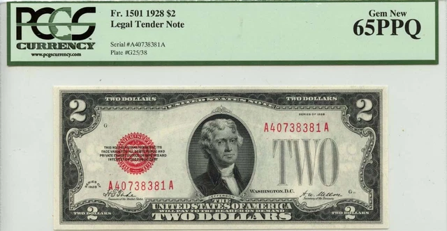 1928 $2 Legal Tender Note Fr# 1501 PCGS Gem 65 EPQ