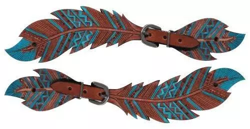 Showman Ladies Size Leather Teal Painted Cut-Out Feather Spur Straps