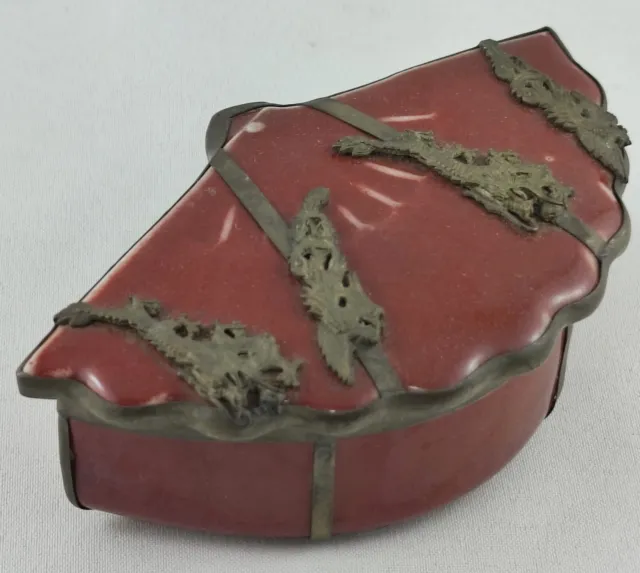 Antique Chinese Red Porcelain Trinket Box Silver Metal Trim Dragons Phoenix