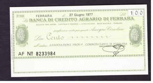 Miniassegno Banca Credito Agrario di Ferrara Ass. Commercianti 100 L 27-6-1977