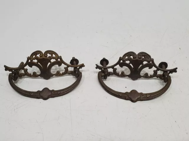 2 Vintage Antique Ornate Fancy Brass  Drop Handle Drawer Pulls fleur de lis