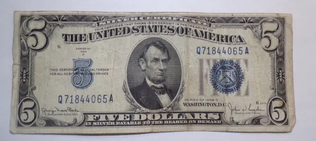 1934 D Five  Dollar Silver Certificate **Nice**Free Shipping **