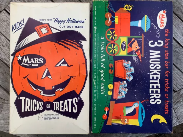 3 MUSKETEERS Mars 1950s halloween mask pumpkin candy box witch train ghost owl