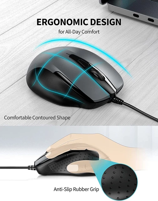 TECKNET USB Wired Mouse, 6-Button Corded Mouse with 2 Adjustable DPI, Grey 6