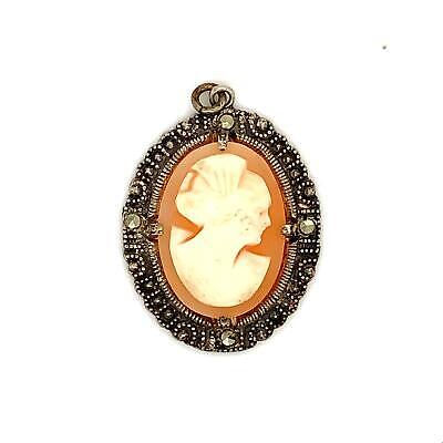 Antique  Signed Sterling Victorian Female Carved Cameo Marcasite Stone Pendant