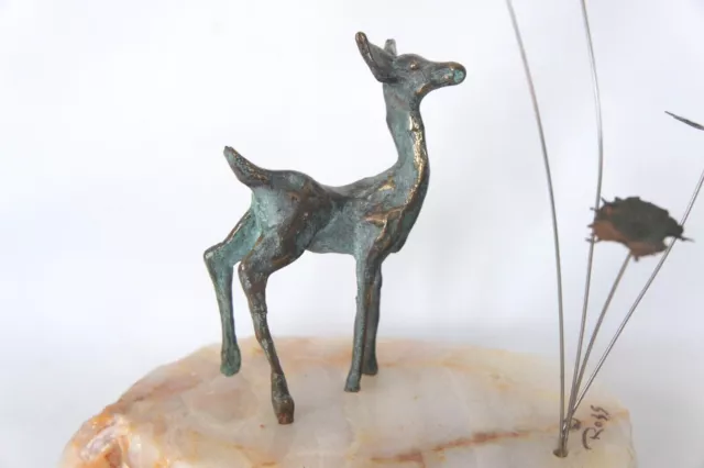Vintage 60s Signed Bronze Deer Sculpture With White Onyx Base By Ross 2