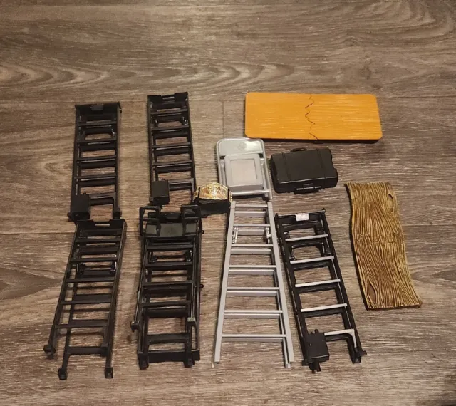 WWE Toy Ladders Table Chair Belt Case Lot Of 11 Props Weapons For Figures WWF