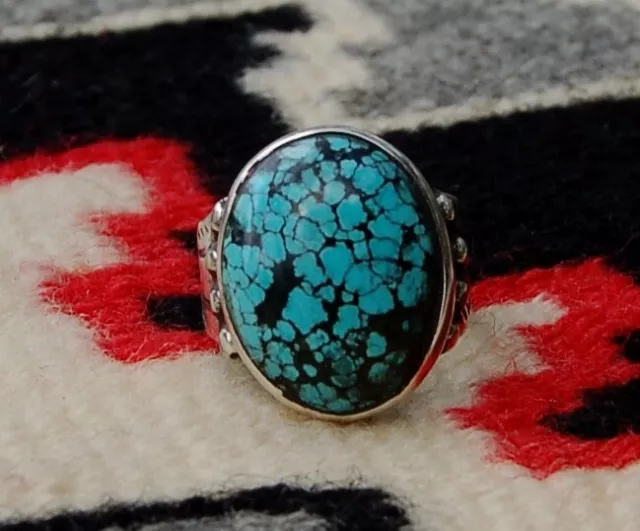 Navajo Sterling Silver  Mens Ring Spiderweb Turquoise Stamped Shank Sz 9.75