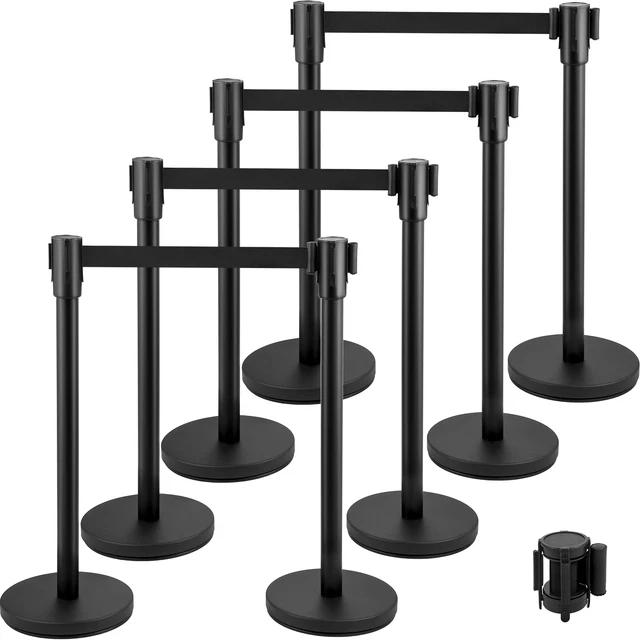 VEVOR Absperrpfosten-Set 8 Stück – Einziehbare Gurte, 2 M, Schwarz, Metallsockel Mit Betonfüllung, Für Menschenführung In Flughäfen & Ausstellungen