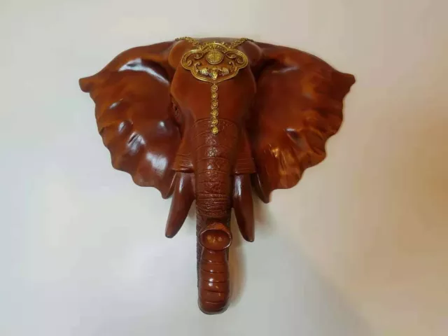 Thai Style Wood Elephant Head Wall Hanging Art Cabin Decor