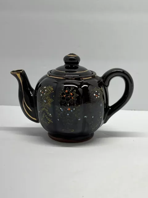 Vintage Tea Pot Ceramic Brown Hand Painted Made In Japan With Lid