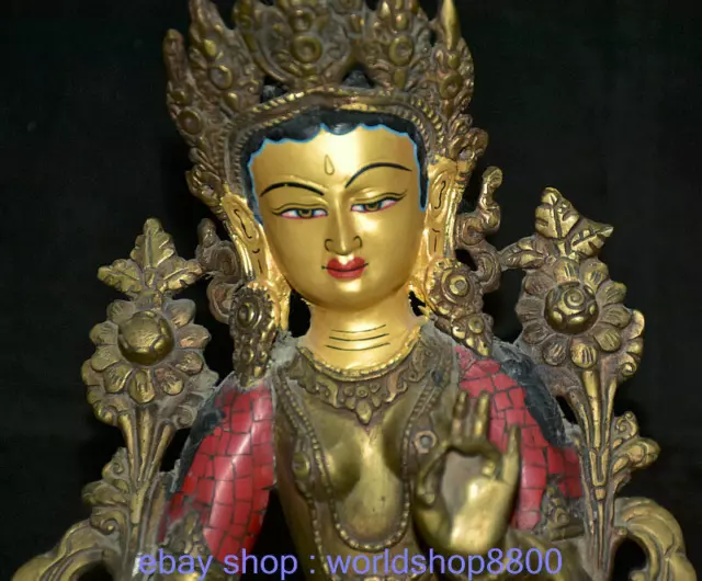 14"Tibet Tibetanischer Buddhismus Türkis Bronze Grüne Tara Göttin Buddha Statue 3