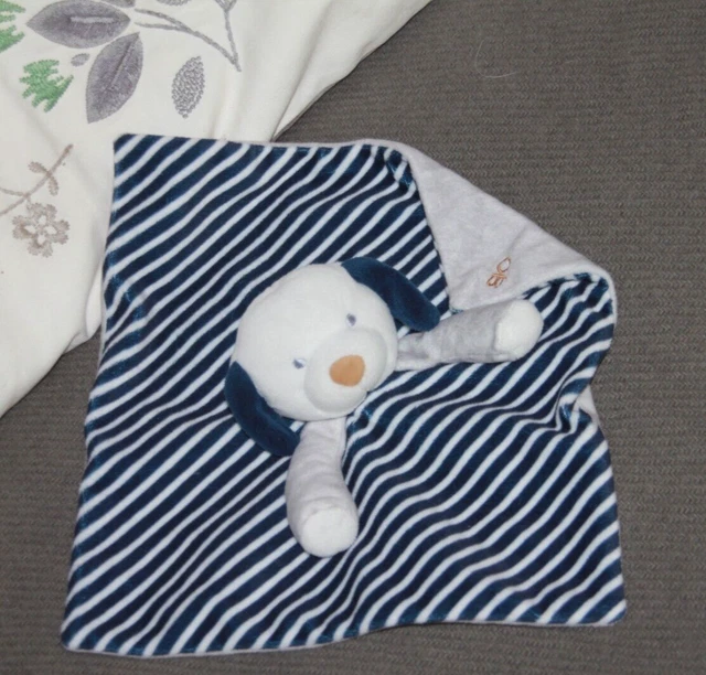 Doudou Obaibi Okaidi Chien Plat Blanc Gris Raye Bleu Marine