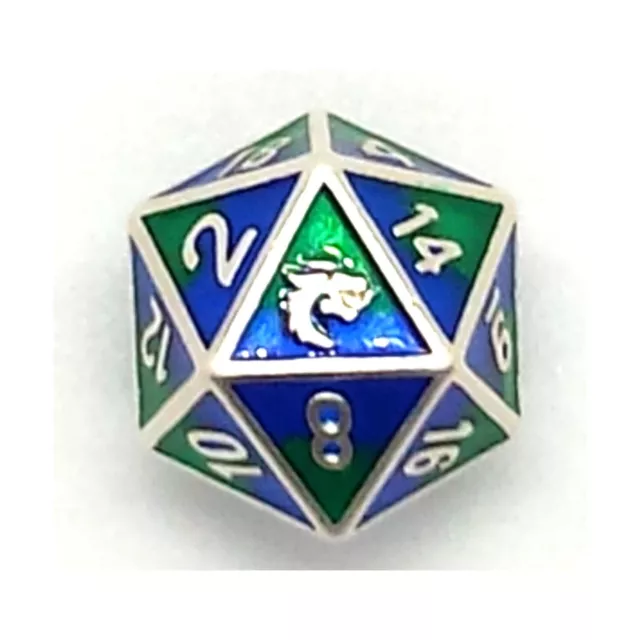 Old School Dice Dragon Forged Dice d20 Platinum Blue & Green New