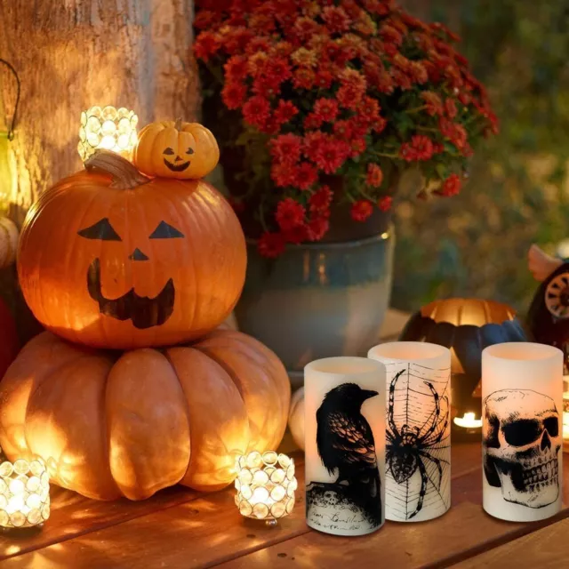 Velas parpadeantes de Halloween con calavera, tela de araña horror espeluznante decoración LED 3